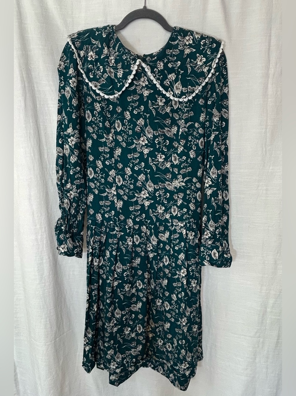 Vintage Lanz Originals Cottagcore Teal Floral Long-Sleeve Dress with Lace Collar